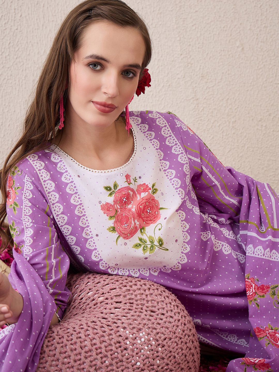 Dhiyona IE Floral Printed Sequinned Pure Cotton Straight Kurta With Trouser And Dupatta