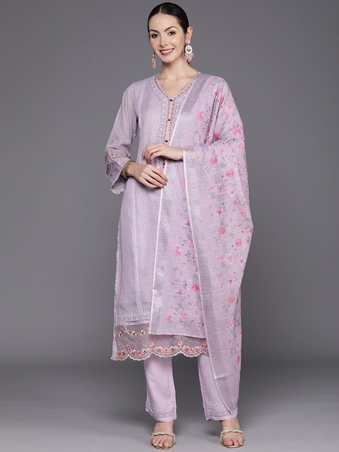 Dhiyona IE Floral Embroidered Regular Thread Work Linen Kurta with Trousers & Dupatta