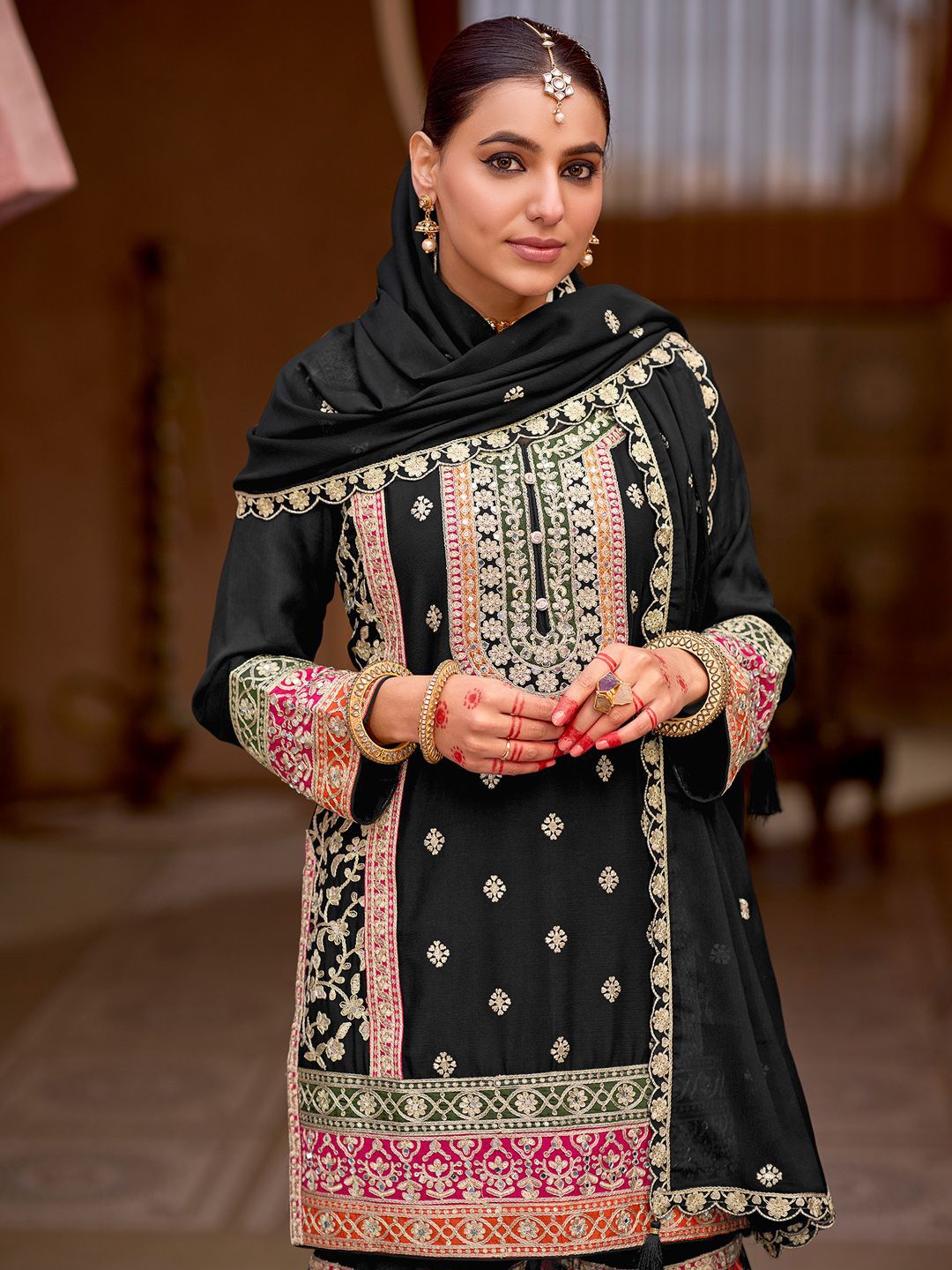 Dhiyona IE Floral Embroidered Sequinned Straight Kurta With Sharara & Dupatta