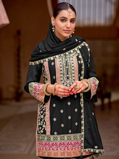 Dhiyona IE Floral Embroidered Sequinned Straight Kurta With Sharara & Dupatta