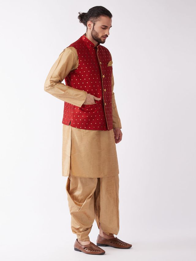 Men's Rose Gold Silk Blend Straight Jacket  Kurta and Dhoti Set
