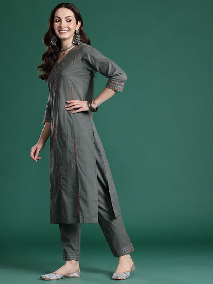 Embroidered Thread Work Pure Cotton Kurta with Trousers & With Dupatta