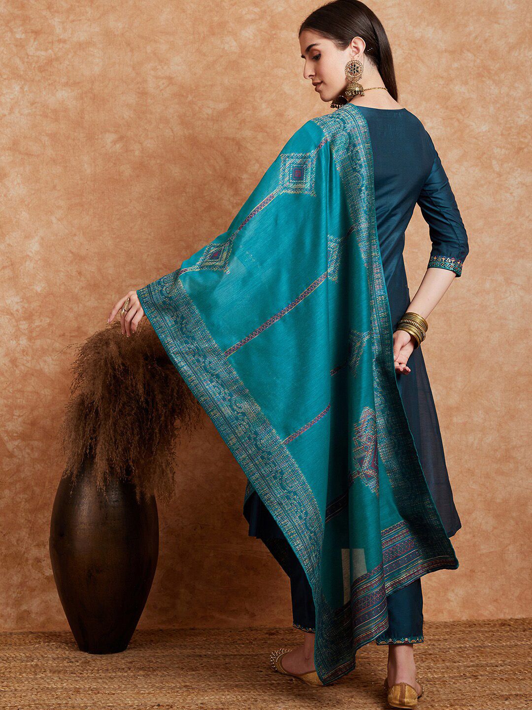 Dhiyona SN Women's Teal Blue Embroidered Zari Sequence A Line Kurta & Trousers Dupatta