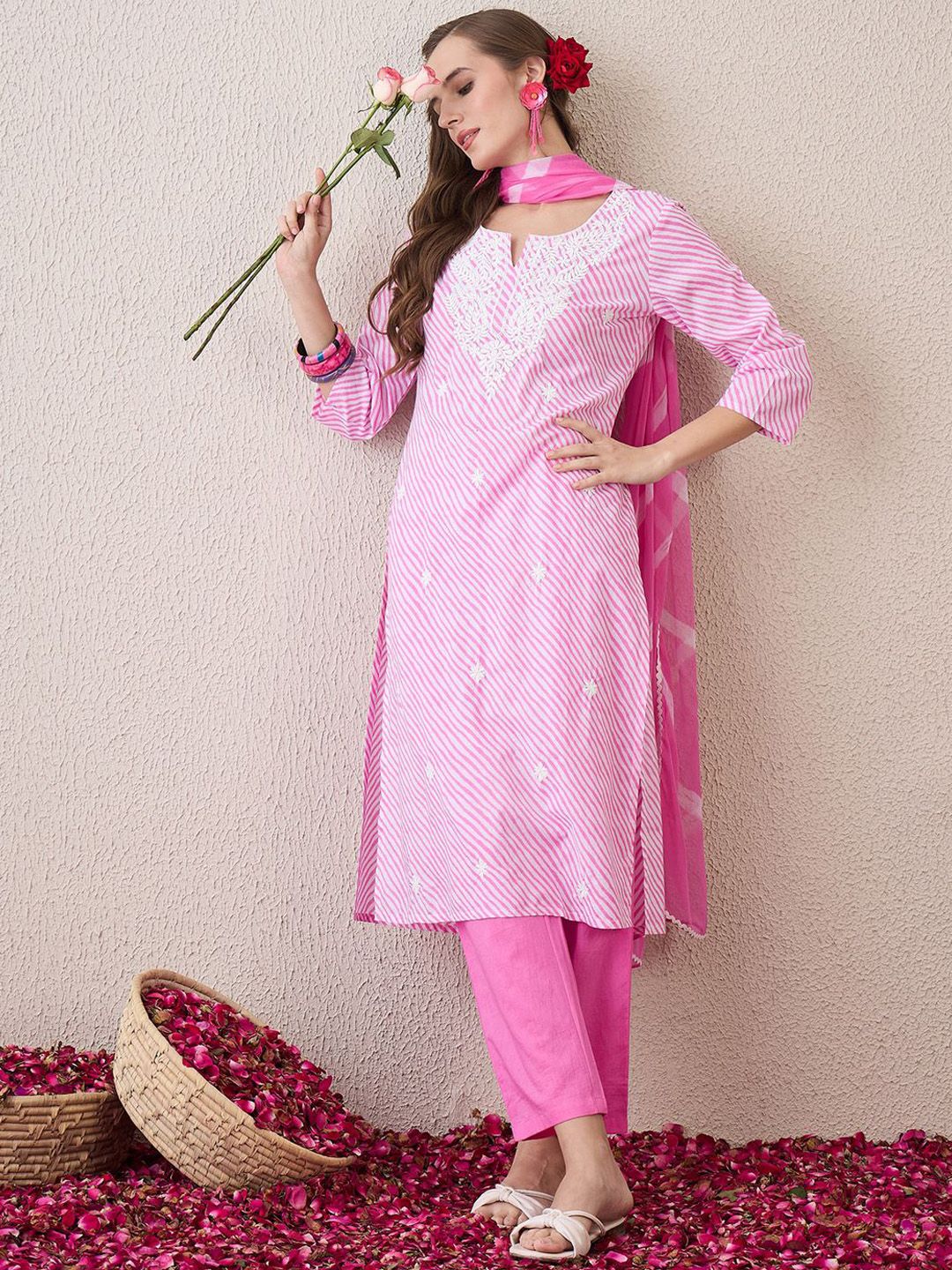 Floral Embroidered Thread Work Pure Cotton Straight Kurta With Trousers & Dupatta