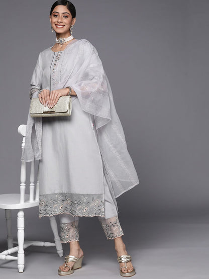 Dhiyona VA Women's Grey Floral Embroidered Thread Work Kurta with Trousers & With Dupatta