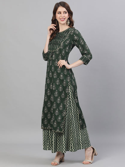 Dhiyona IS Women's Women Olive Green Beige Printed Tuck Detailed Kurta Palazzos