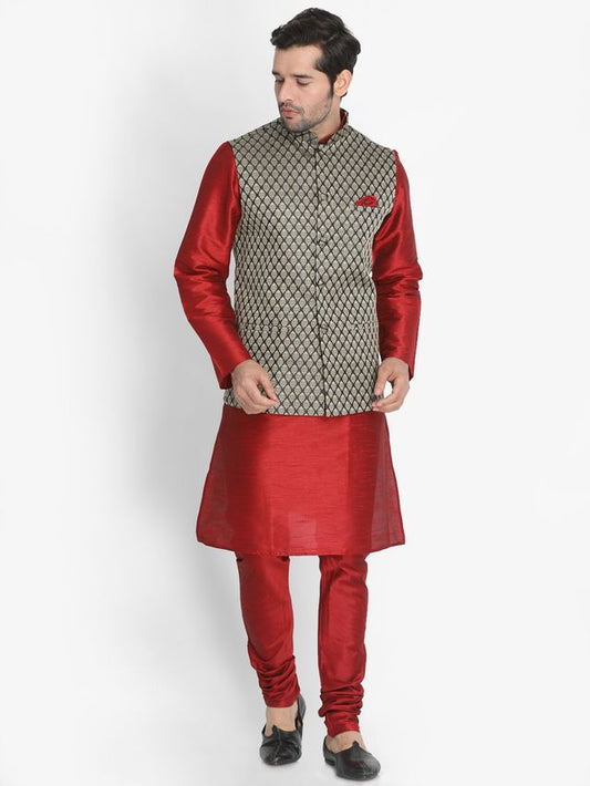 Men's Maroon Silk Blend Straight Jacket  Kurta and Pyjama Set
