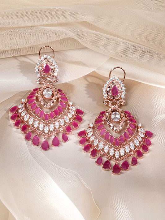 Dhiyona RJ Women's 18K Rose Gold-Plated Ruby Pink & Cubic Zirconia Stone Multi-Layered Drop Chandelier