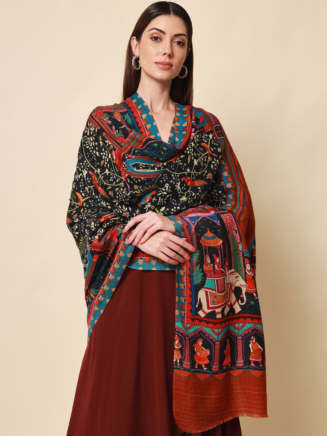 Dhiyona PA Women Brown Printed Pure Wool Shawl