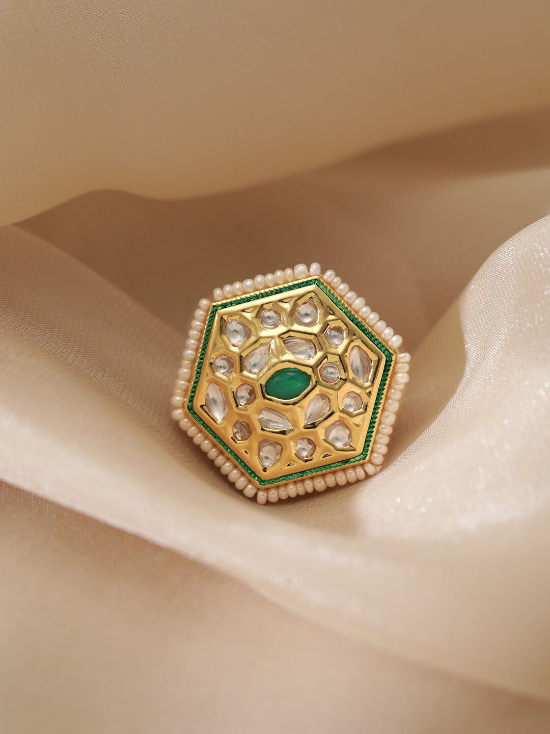 Dhiyona RJ Women's 22k Gold Plated Emerald Green & White Kundan Polki Studded Adjustable Finger Ring