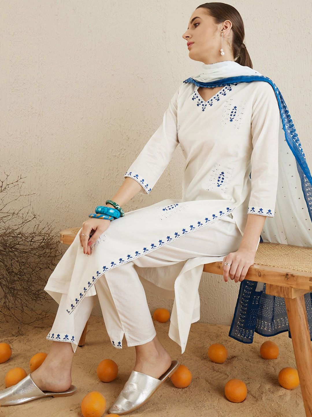 Dhiyona IE Ethnic Motifs Embroidered Thread Work Pure Cotton Kurta with Trousers & Dupatta