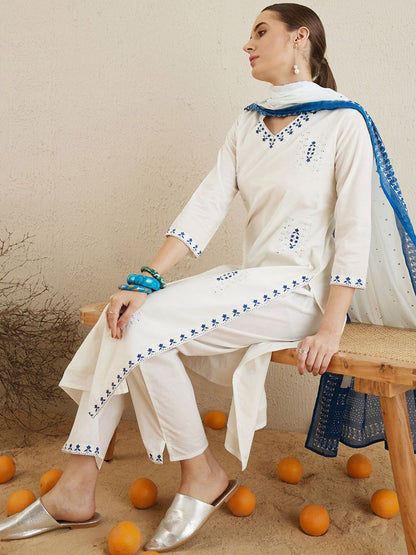 Dhiyona IE Ethnic Motifs Embroidered Thread Work Pure Cotton Kurta with Trousers & Dupatta
