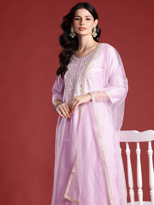 Dhiyona IE Ethnic Motifs Embroidered Thread Work Liva Kurta with Trousers & Dupatta