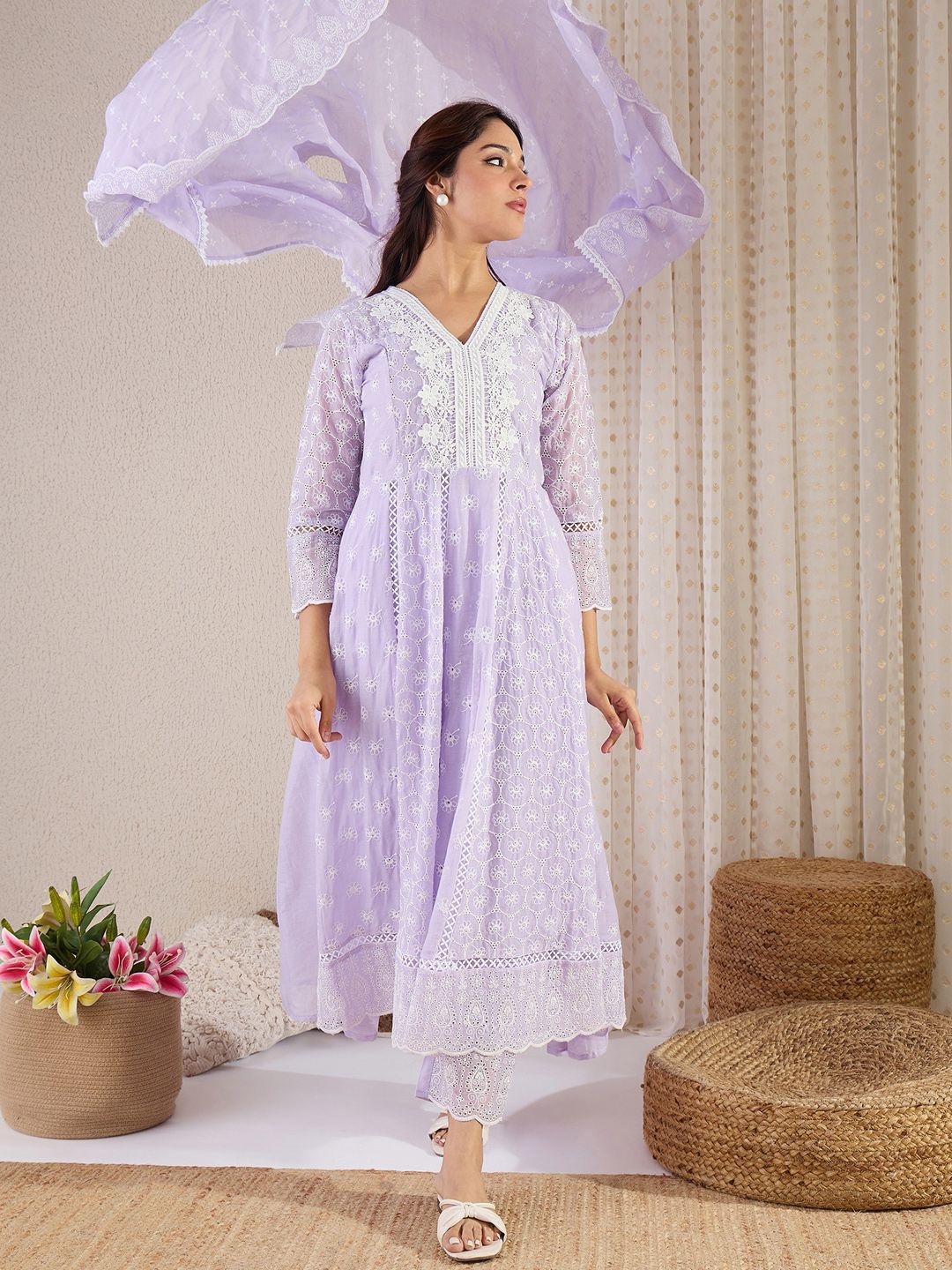 Women Floral Embroidered Cotton Kurta with Trousers & Dupatta