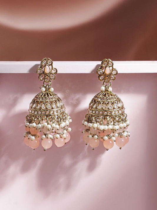 Dhiyona RJ Women's Gold-Toned Pearls Beaded Dome Shaped Traditional Jhumkas Earrings