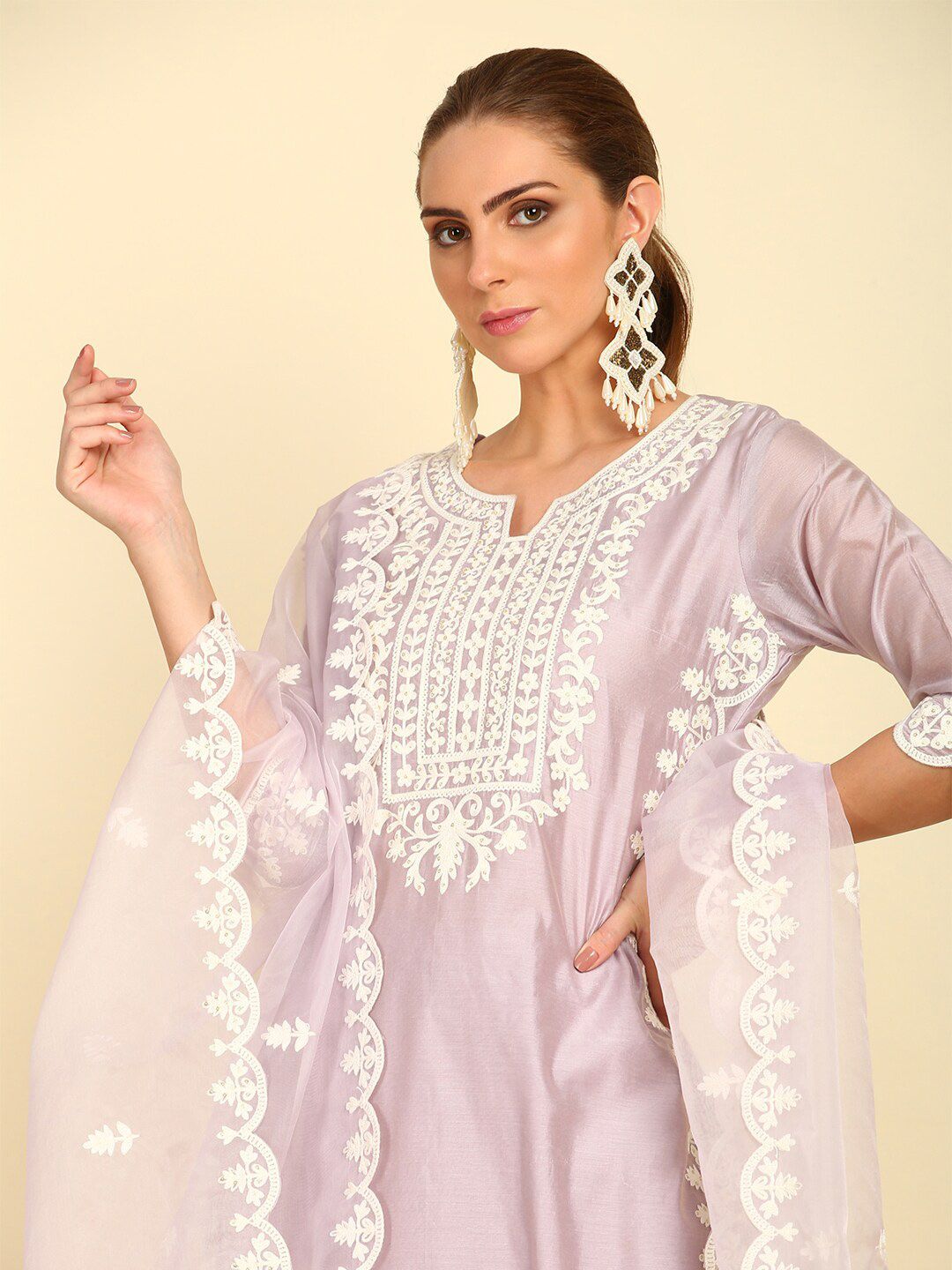 Dhiyona SO Women's Ethnic Motifs Yoke Design Thread Work Kurta with Trousers & Dupatta