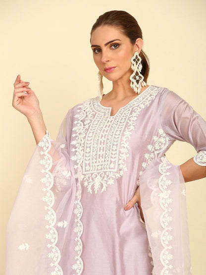 Dhiyona SO Women's Ethnic Motifs Yoke Design Thread Work Kurta with Trousers & Dupatta