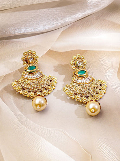 Dhiyona RJ Women's 22K Gold-Plated Emerald Green Stone Studded Traditional Temple Long Necklace Set