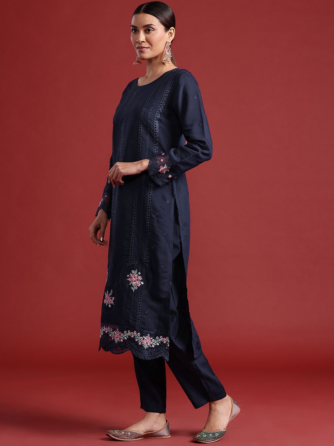 Floral Embroidered Thread Work Kurta With Trousers & Dupatta