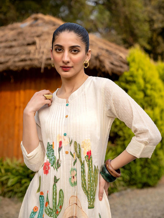 Floral Printed Round Neck A-LIne Pure Cotton Kurta WIth Trousers