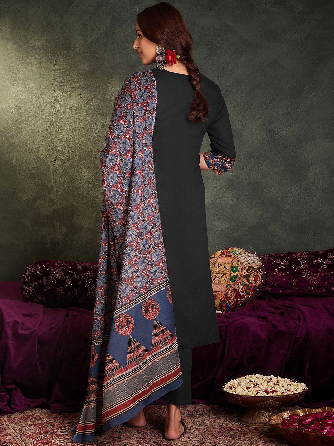 Floral Printed Round Neck Cotton Straight Kurta With Trousers & Dupatta