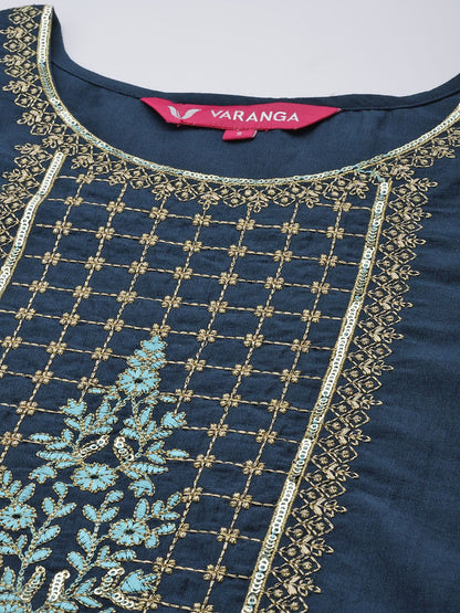 Dhiyona VA Women's Navy Blue Yoke Design Kurta with Trousers & With Dupatta