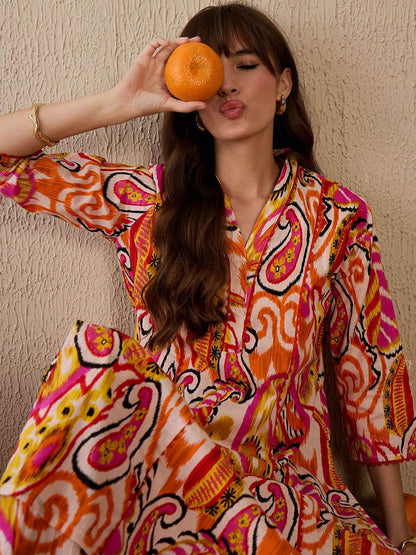 Dhiyona IE Women Printed Panelled Pure Cotton Kurta with Trousers