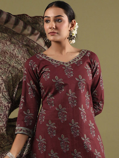 Floral Printed V-Neck Pure Cotton Straight Kurta with Salwar & Dupatta