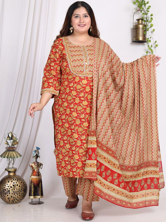 Dhiyona KL Plus Size Floral Printed Pure Cotton Kurta with Trousers & Dupatta