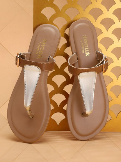 Dhiyona AK Women Gold-Toned & Brown Colourblocked T-Strap Flats
