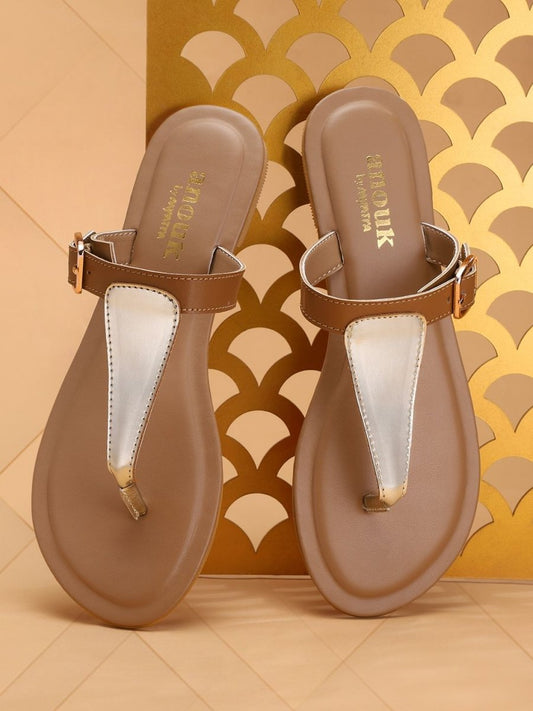 Dhiyona AK Women Gold-Toned & Brown Colourblocked T-Strap Flats