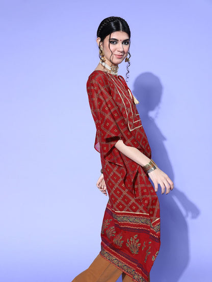 Dhiyona IE Women Maroon & Navy Blue Cotton Geometric Printed Extended Sleeves Kaftan Kurta