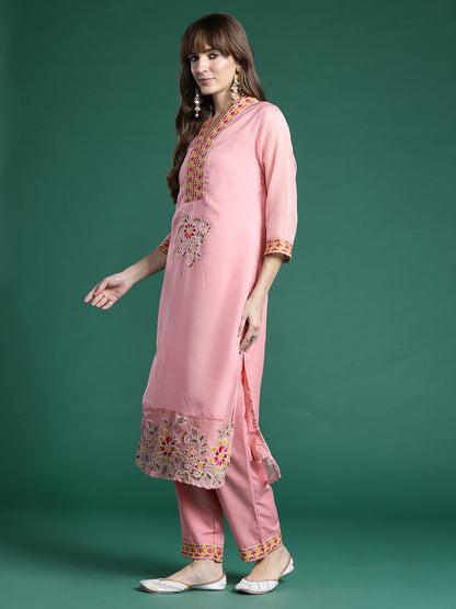 Dhiyona IE Floral Embroidered Regular Sequinned Kurta with Trousers & Dupatta