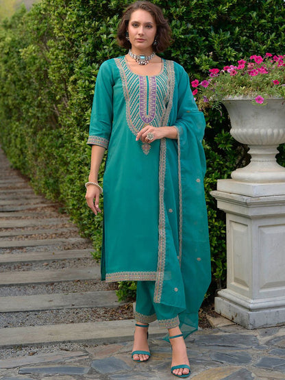Ethnic Motifs Yoke Design Straight Kurta with Trousers & Dupatta