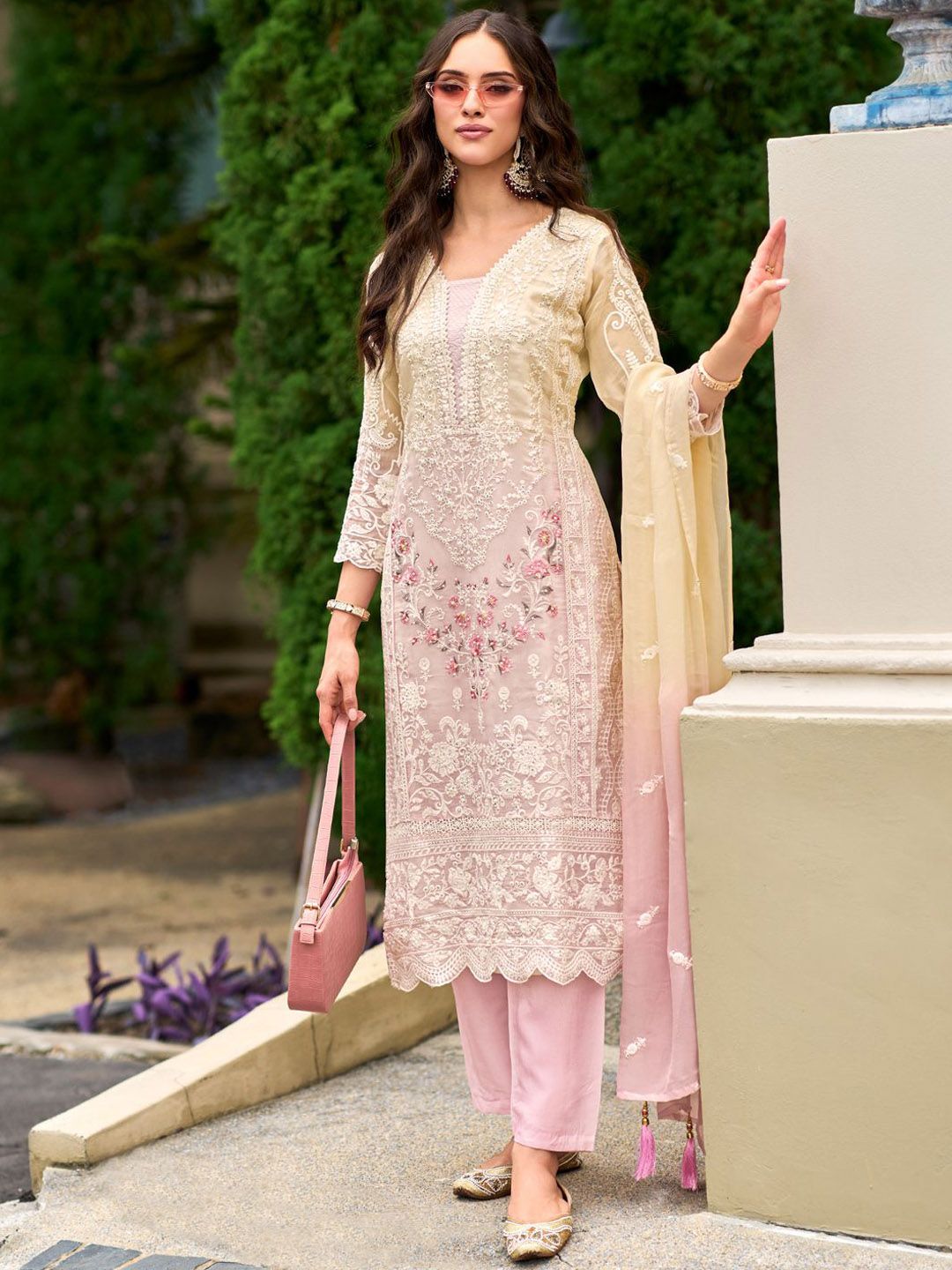 Dhiyona IE Floral Embroidered Sequinned Straight Organza Kurta With Trousers And Dupatta