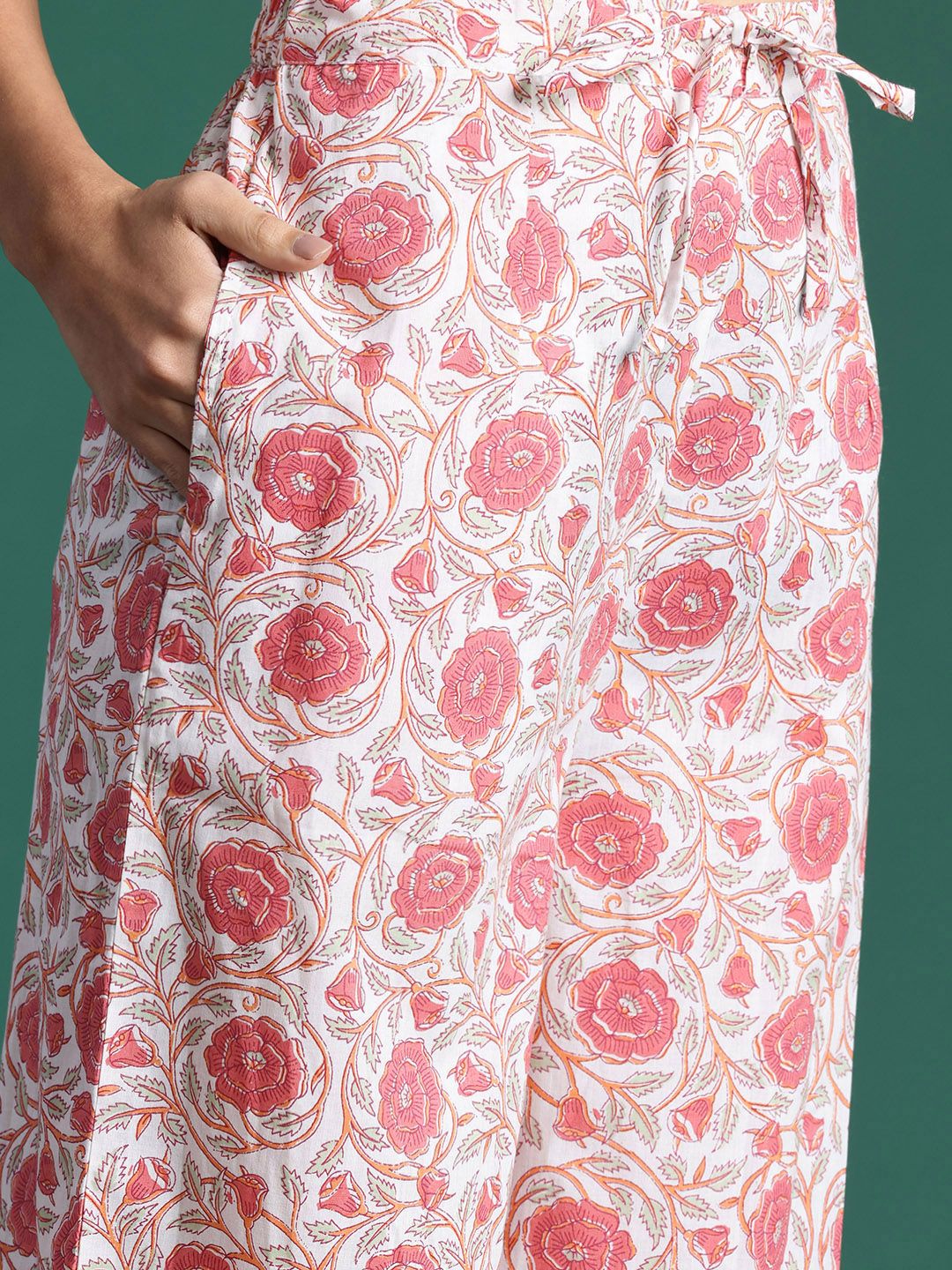 Ethnic Motifs Printed Pleated Sequinned Pure Cotton Kurta With Palazzos & Dupatta