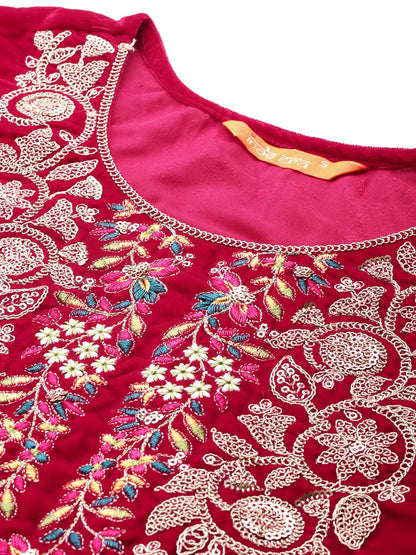 Dhiyona IE Ethnic Motifs Embroidered Velvet Kurta with Trousers & With Dupatta