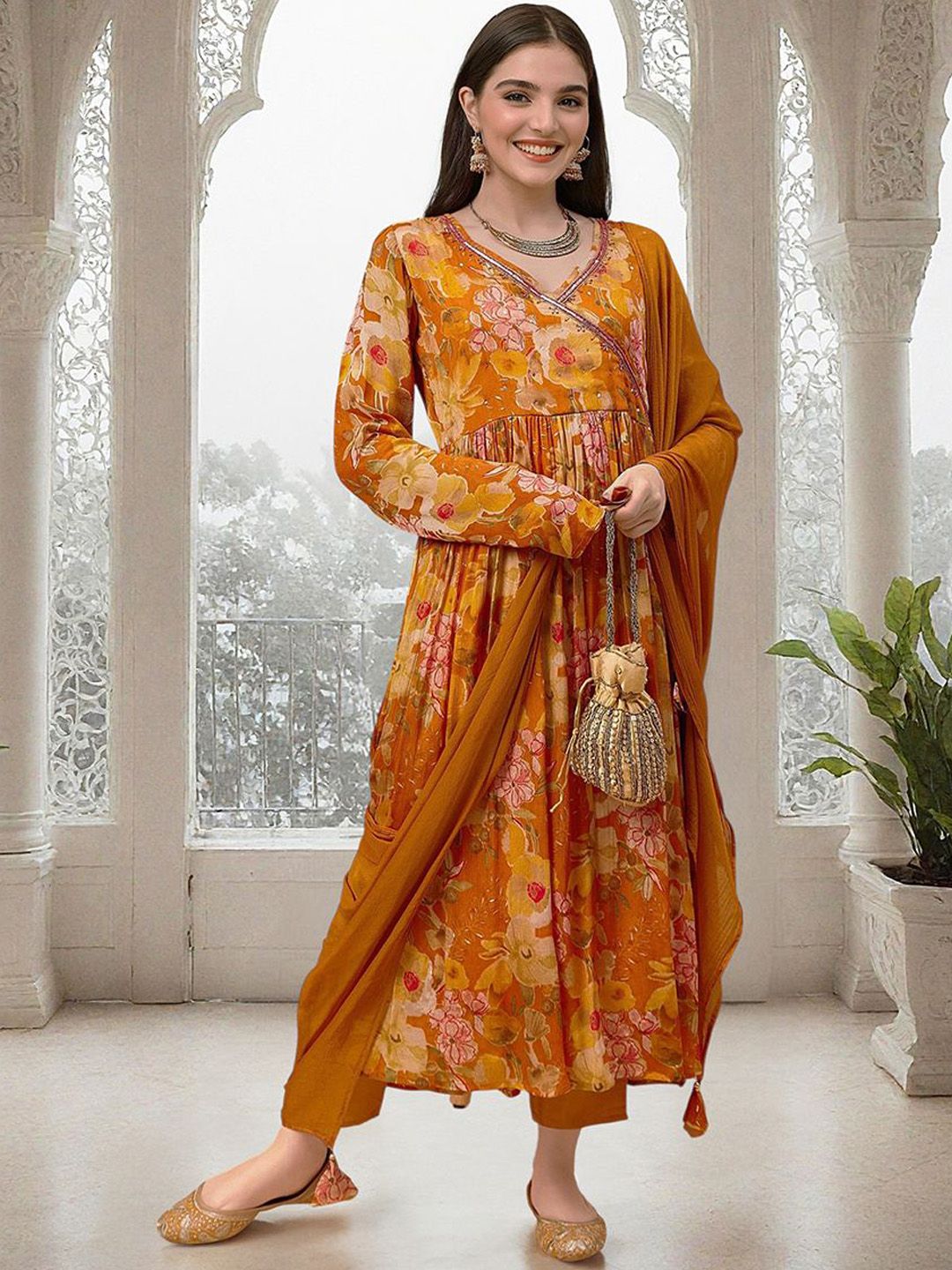 Dhiyona IS Women's Floral Printed Sequinned Angrakha Straight Kurta with Trousers & Dupatta