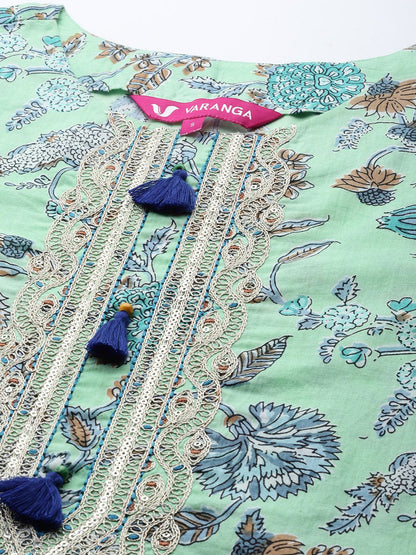 Dhiyona VA Women's Blue Pure Cotton Floral Printed Sequinned Kurta with Trousers & With Dupatta