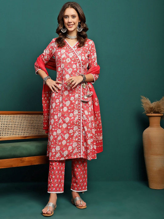 Dhiyona SN Women's Floral Printed Pure Cotton V Neck Straight Kurta With Trousers & Dupatta