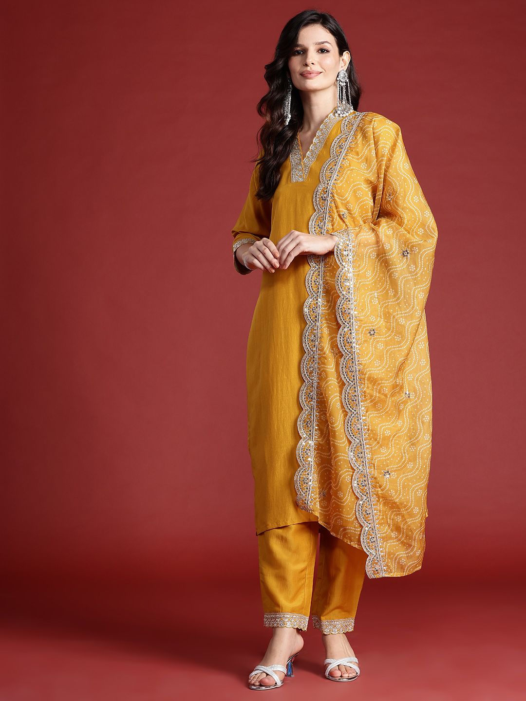 Ethnic Motifs Yoke Design Zari Kurta With Trousers & Dupatta
