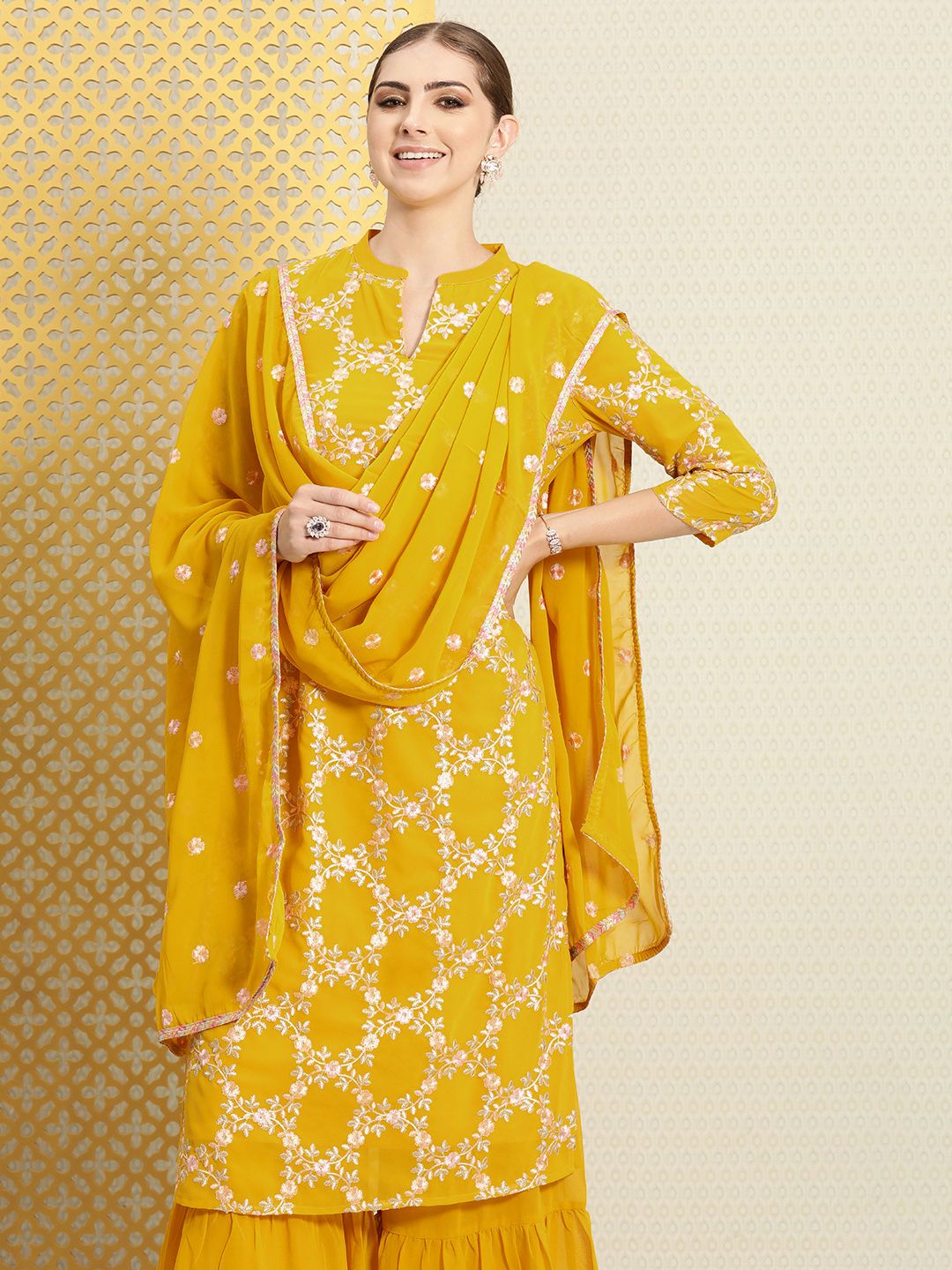 Dhiyona PD Women Women Floral Embroidered Sequined Jashn Kurta With Sharara & Dupatta