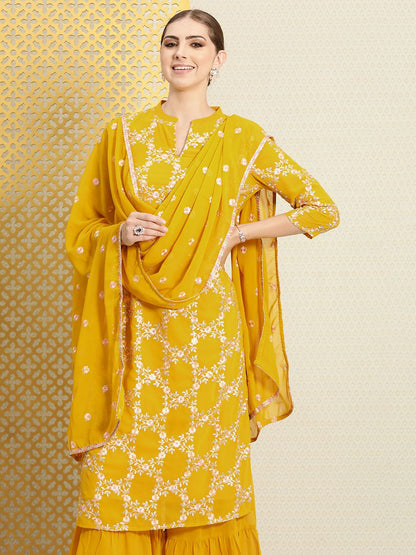 Dhiyona PD Women Women Floral Embroidered Sequined Jashn Kurta With Sharara & Dupatta