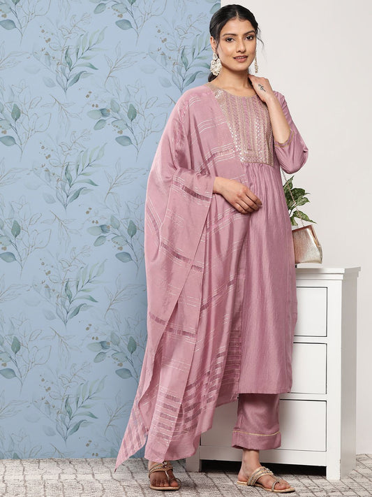 Dhiyona VA Women's Mauve Floral Embroidered Sequinned Kurta with Trousers & With Dupatta