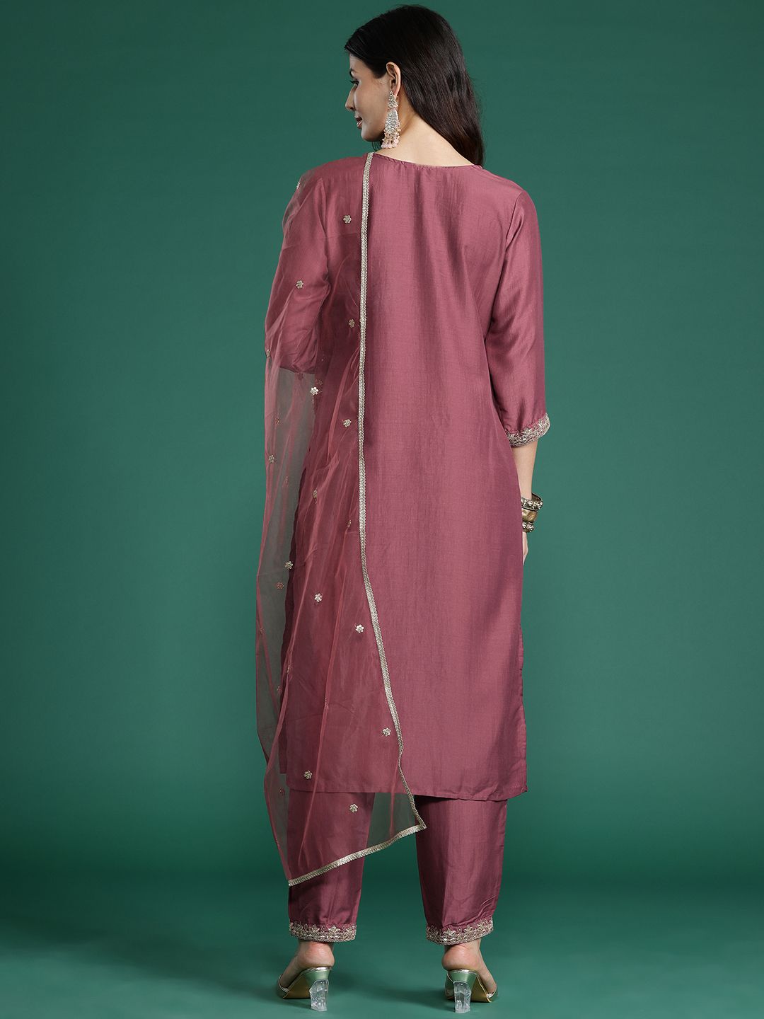 Floral Yoke Design Sequinned Kurta With Trousers & Dupatta