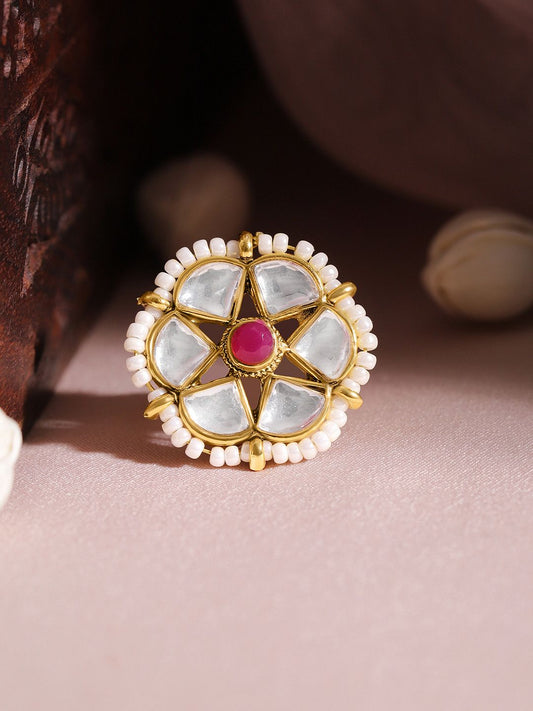 Dhiyona RJ Women's 22K Gold Plated Kundan Studded Pearl Beaded Floral Motif Adjustable Finger Ring