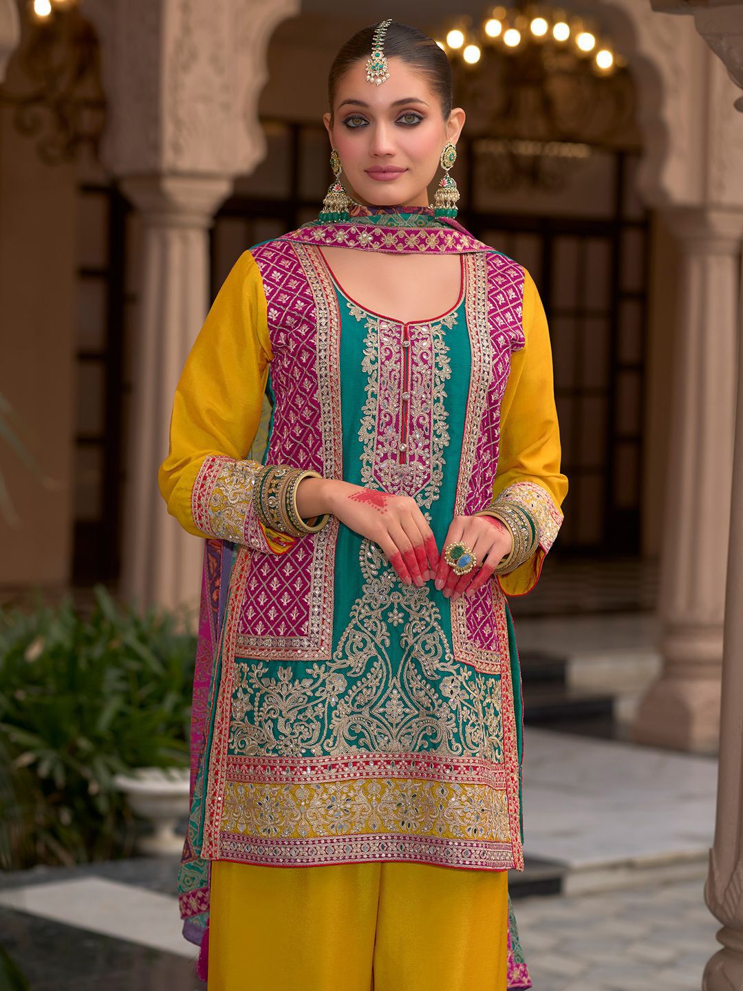 Dhiyona IE Floral Embroidered Round Neck Mirror Work Kura With Palazzos & Dupatta