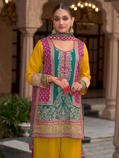 Dhiyona IE Floral Embroidered Round Neck Mirror Work Kura With Palazzos & Dupatta