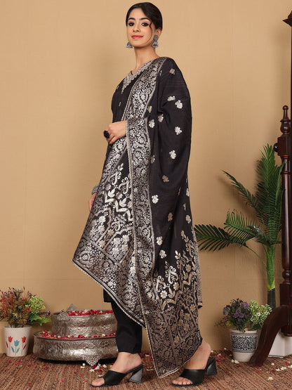 Dhiyona VA Women'sEthnic Motifs Woven Design Zari Pure Silk Straight Kurta With Trouser & Dupatta