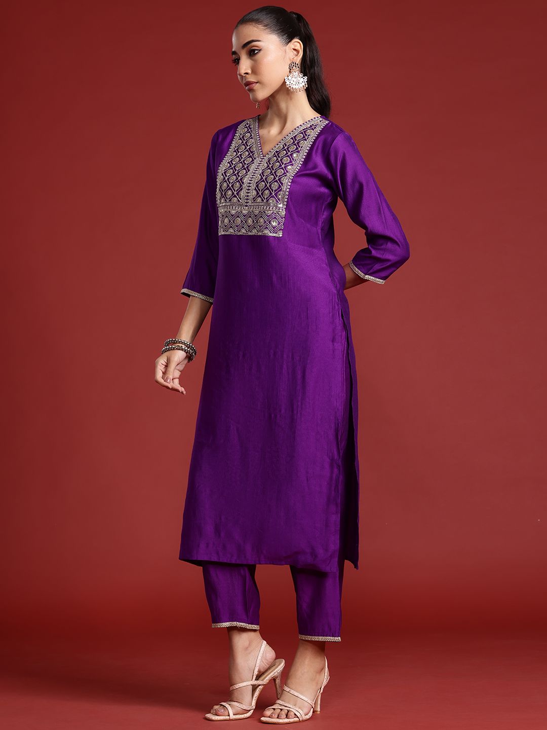 Ethnic Motifs Yoke Design Sequinned Liva Kurta With Trousers & Dupatta
